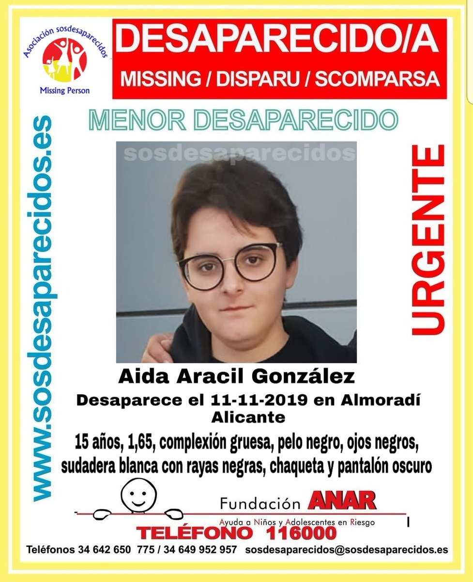 񝀣MUYURGENTE🔴 
Esta es Aida, una #menor que ha #desaparecido en Almoradí #Alicante
Si la ves llama
☎062
☎112
Colabora, tu RT es muy importante y no cuesta nada