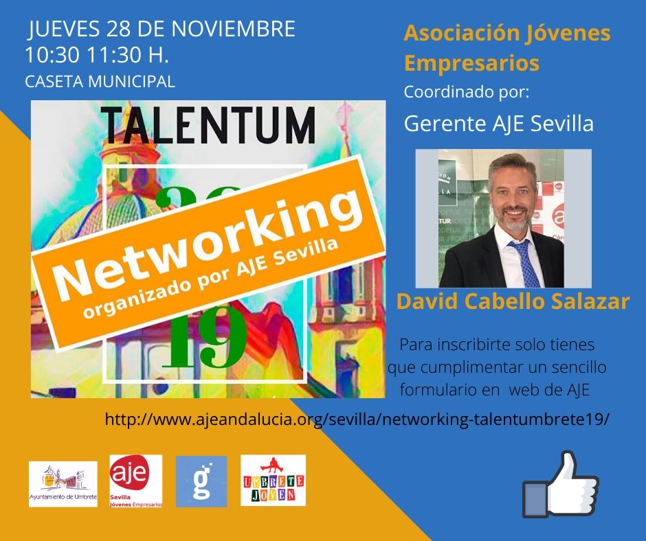 Si eres empresari@,o te gustaría emprender no puedes perderte el #networking que tendrá lugar en #TalenTUM19 de la mano de @AJESevilla coordinado por <a href="/DavidKbyo/">David Cabello</a>,  un encuentro para establecer tu red de contactos con empresas y profesionales <a href="/AytoUmbrete/">Ayto. Umbrete</a> <a href="/pinijpm/">Javi Pineda</a> <a href="/RedGuadalinfo/">Vuela Guadalinfo</a> 🔝