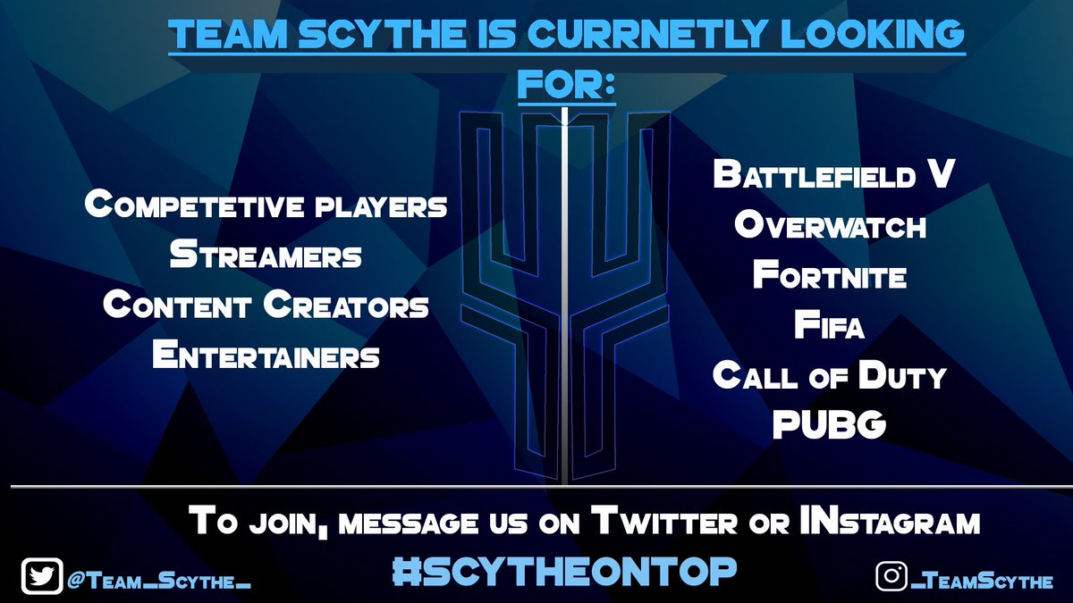 Team_Scythe_'s tweet photo. This is the official list of all the players we need.

Scythe is in the process of recruiting the following players.
Be sure to message us to join the Team.
#Scytheontop https://t.co/oN1fjvTTCO