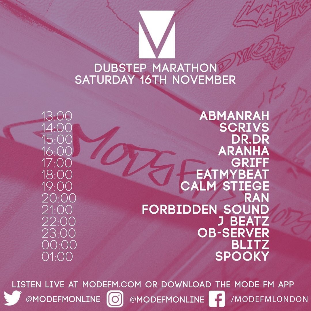 Catch me on the #dubstepmarathon 7-8 this Saturday on @ModeFMOnline 

Alongside:
Featuring #DrDr #Griff <a href="/Abmanrah/">808 Engineer 👨🏾‍💻</a> <a href="/WINGForbidden/">WING</a> <a href="/ran_ldn/">- RAN -</a> <a href="/CalmStiege/">Calm Stiege</a> <a href="/Dislokate_/">Dislo</a> <a href="/SoleFoodLabel/">Sole Food</a> <a href="/DJ_Blitz_UK/">👁</a> <a href="/SpartanSpooky/">Spooky Bizzle 👻</a> <a href="/Observerldn/">Ob-Server</a> @Dj_scrivs <a href="/eatmyb3at/">eatmybeat</a>