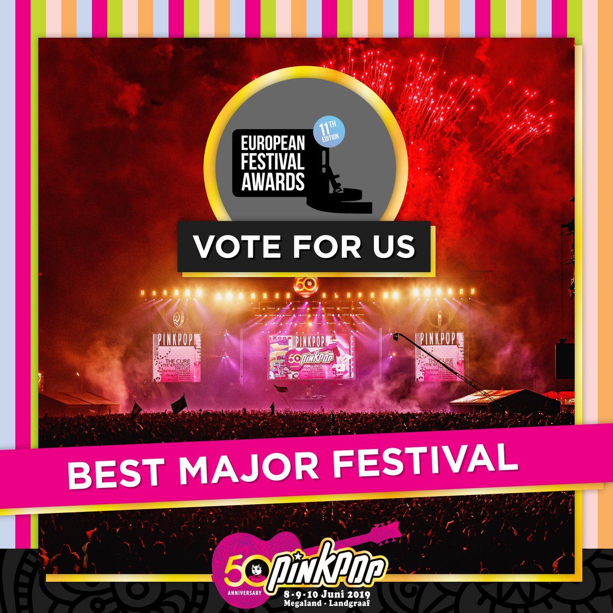 Pinkpop 2019 is genomineerd voor de European Festival Awards in de categorie 'Best Major Festival'. Wij zouden het natuurlijk super vinden als de 50ste editie van #Pinkpop een European Festival Award zou mogen ontvangen. Stemmen kan tot 30 nov via de.surveymonkey.com/r/TVYCDSV
#PP19