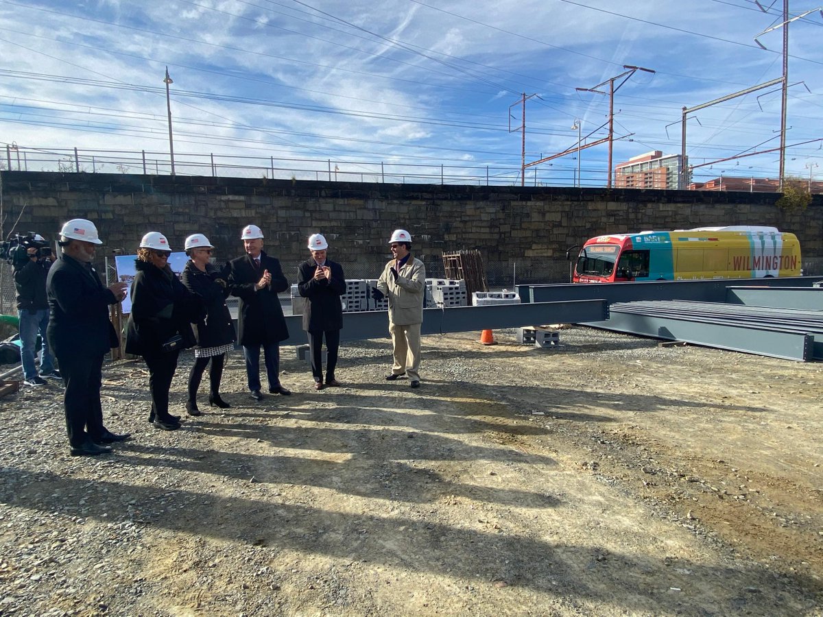 MikePurzycki's tweet photo. Today, I joined my colleagues to sign the final beam for the top of the Wilmington Transit Center. Then, we took a ride on one of the new electric #ItsTimeWilmDE DART buses. Big things are coming to #WilmDE &amp; I’m excited for you to be part of it when it's finished in spring 2020! https://t.co/vW9hYS7m0l