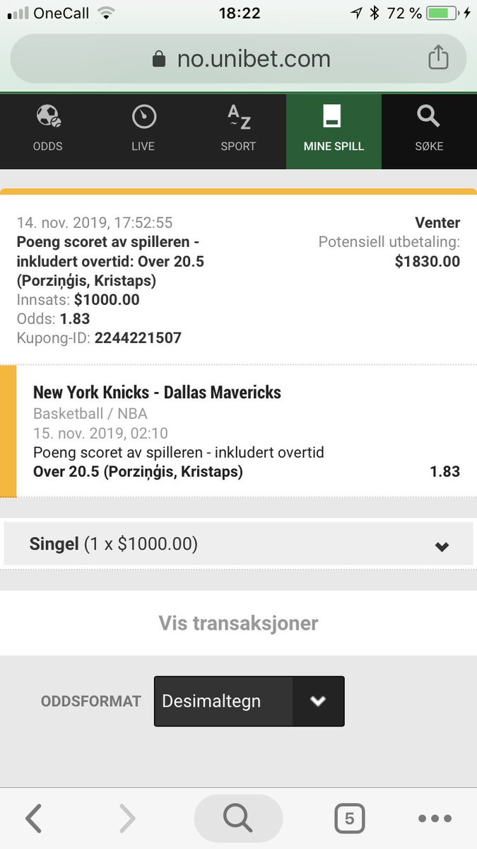 🏀Dagens single fra Team Valuebet!🦉

De møttes for 5 dager siden i Dallas og der endte han på 28 poeng med 11/22 field goals i en match Dallas tapte. Så her er de nok revansjesugen og storfavoritter! Tipper motivasjonen til Porza er på topp her og at han blir å skyte en del!🎯