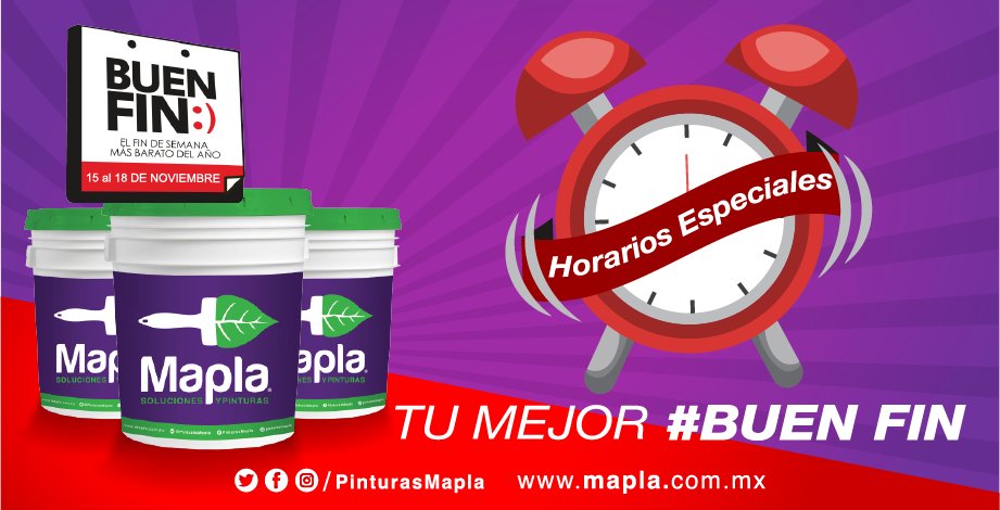 PinturasMAPLA's tweet photo. ¡Mañana inicia el #BuenFin! Aprovecha el 28% de descuento o hasta 12 meses sin intereses* en productos Mapla en compras mayores a $1,000 mxn.

Este fin de #BuenFin visita nuestras sucursales y #HazloConMapla

*Nota: Consulta nuestros horarios en tiendas o en nuestro facebook. https://t.co/JQCzIE4Vpn