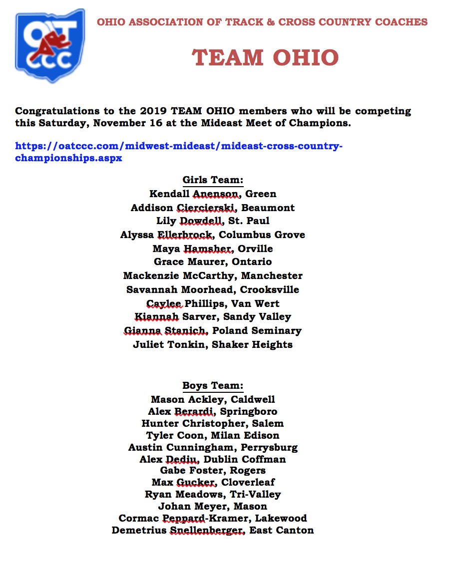 oatccc's tweet image. TEAM OHIO ANNOUNCED - MidEast Meet of Champions @OHMileSplit