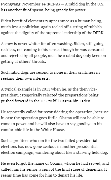 BNONews's tweet photo. BREAKING: North Korea lashes out at Joe Biden, calling him a "rabid dog" who "must be beaten to death with a stick" https://t.co/eH9a1R2pV3