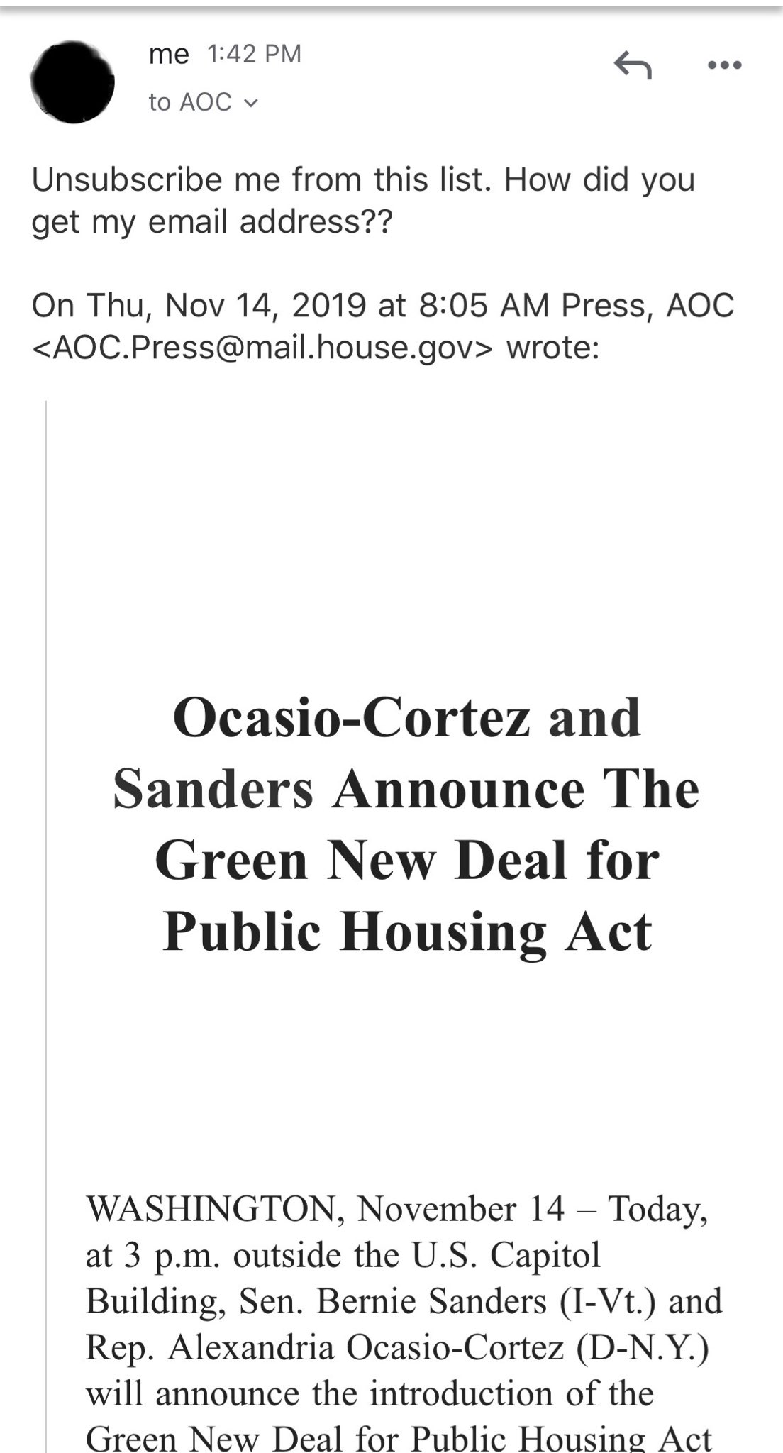 Dave Rubin Hi Aoc Not Sure Who You Bought My Email From But I Assure You I Didn T Sign Up For Your Mailing List Also You Offer No Way To