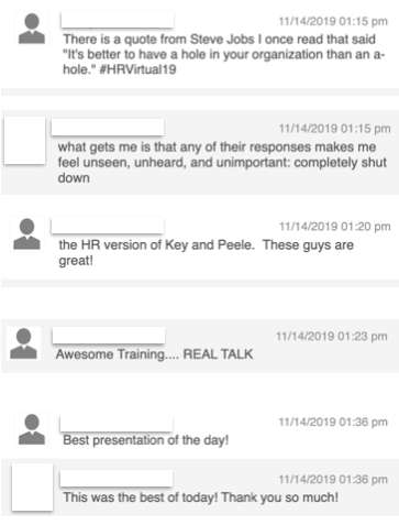DealingwAHoles's tweet photo. We loved being a part of the @bamboohr #HRVirtual19 Summit. We got some great feedback! Hopefully, we were able to bring some play, laughter, & tangible actions to a serious topic that orgs are struggling with. Thanks for having us! @garyware @JeffHarryPlays #play #companyculture https://t.co/0rhW17mvuL