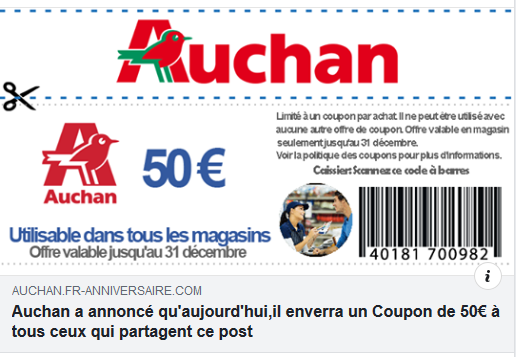cybervictimes's tweet image. 🔴⚠️[#Alerte #cybersécurité] Non @AUCHAN_France  n'offre pas ce bon d'achat de 50€ ‼️

Cette arnaque circule sur #Facebook depuis quelques jours et vise à voler les infos personnelles de ceux qui y répondent.

⛔️ Ne remplissez pas le questionnaire
⛔️ Ne partagez pas