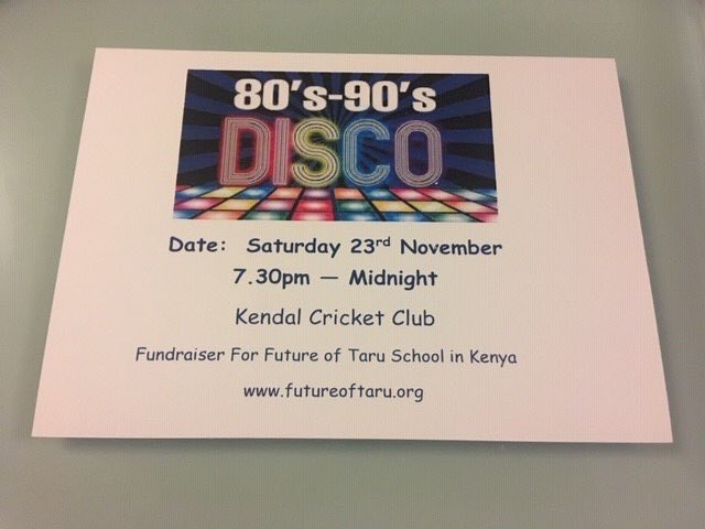 Are you free on 23rd November? Take a trip down memory lane with 80’s-90’s disco at the fundraiser for Future of Taru Academy. All money raised will help buy text books and desks for children.  #Kendal #Cumbria #ThursdayThoughts #Disco #eventsinCumbria #fundraising #cumbriaevents