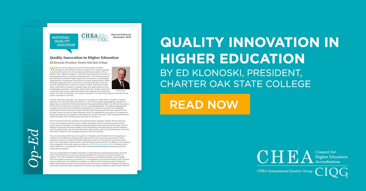 CHEAnews (@cheanews) on Twitter photo This Op-Ed authored by <a href="/EdKlonoski/">Ed Klonoski</a>, President of Charter Oak State College addresses the future of innovation in #highereducation and whether those innovations will improve quality outcomes for learners. Read now: bit.ly/2OcmywD This Op-Ed authored by <a href="/EdKlonoski/">Ed Klonoski</a>, President of Charter Oak State College addresses the future of innovation in #highereducation and whether those innovations will improve quality outcomes for learners. Read now: bit.ly/2OcmywD