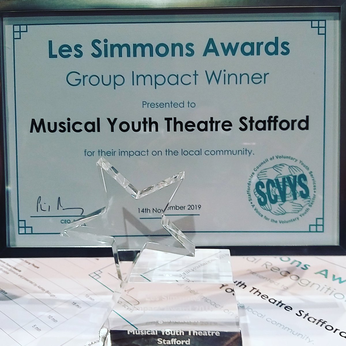 We are so thrilled to have been nominated and to win the Les Simmons Youth Impact Award through @staffscvys this evening! Thank you to everyone who voted for us. #mytsfamily #musicaltheatre #Stafford #staffordshiretheatre #youththeatre #lovestafford #volunteers #youthgroup