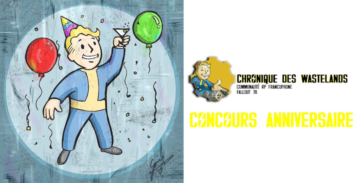🎲🎲🎲===AFIN DE FÊTER DIGNEMENT, LA CHRONIQUE DES WASTELANDS ORGANISE UN CONCOURS D’ÉCRITURE. ===

Voir pour plus d'informations la fiche informative sur notre forum : chroniquedeswastelands.enjin.com/forum/m/500202…

#Fallout76 #RP #JDR