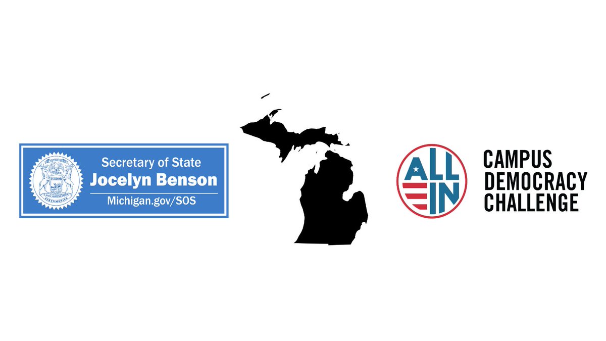 A Secretary of State logo with a Michigan map and a logo for the ALL IN Campus Democracy Challenge