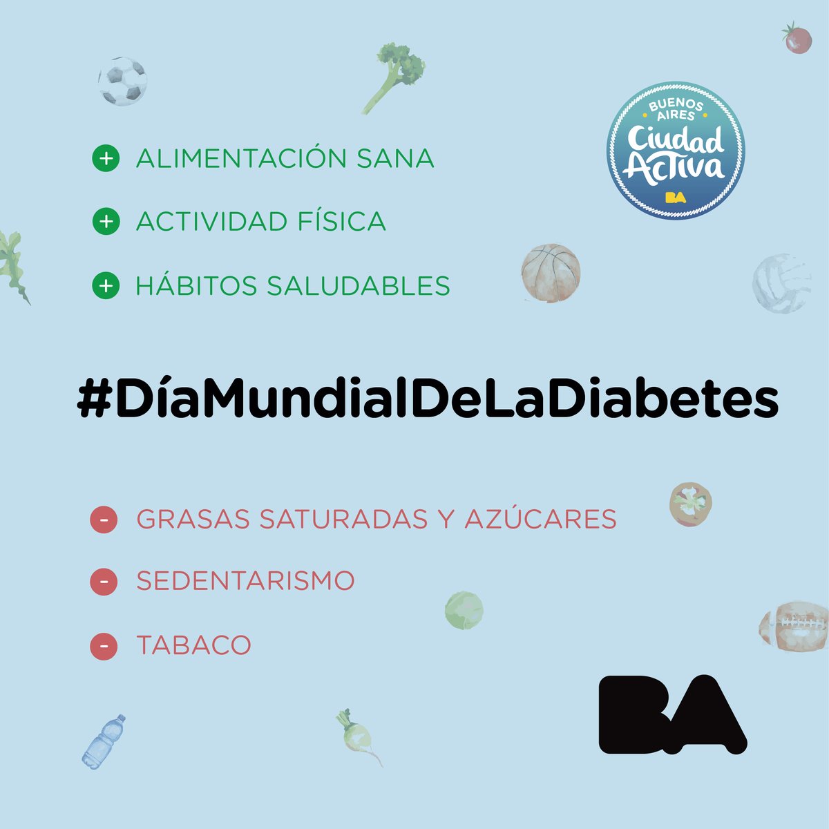 Hoy se conmemora el #DíaMundialDeLaDiabetes para prevenir, diagnosticar y controlar esta enfermedad.
Recordá que el sábado está la jornada "Día Mundial de la Diabetes en Familia", de 11 a 18 h en Figueroa Alcorta y Sarmiento, con charlas, alimentación saludable y actividades.