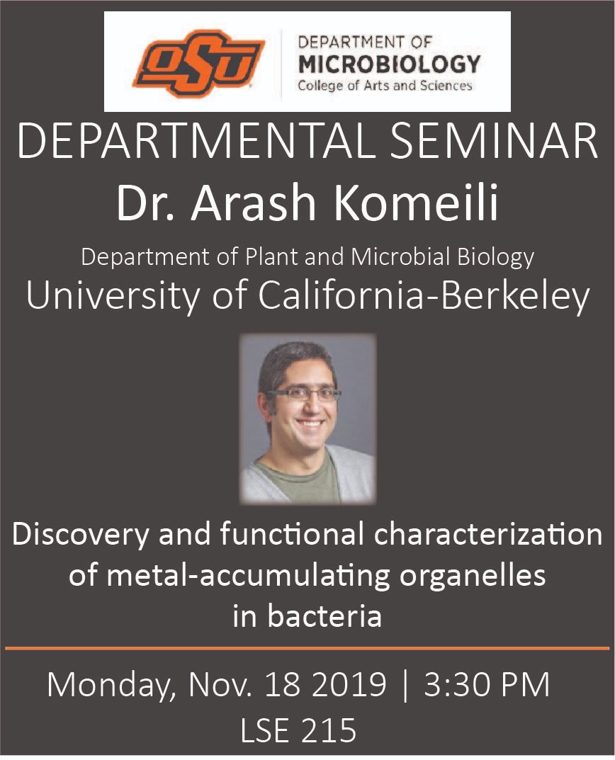 osumicrobiology's tweet image. We are excited to host Dr. Arash Komeili (also known as &quot;the magnetosome guy&quot;) for our seminar series next week. Did you know that bacteria can accumulate metal and align to magnetic fields? Come learn more with us on Monday!