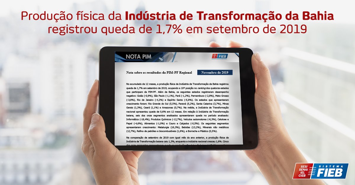 SistemaFIEB's tweet photo. No acumulado de 12 meses, a produção física da Indústria de Transformação da Bahia registrou queda de 1,7% em setembro de 2019.

Leia a nota completa em nosso site: https://t.co/u2bDx3beDp 

#SistemaFIEB #FIEBcomvocê #NotaPIM #Indústria #IndústriaDaBahia #Bahia https://t.co/9REBNiVUNU