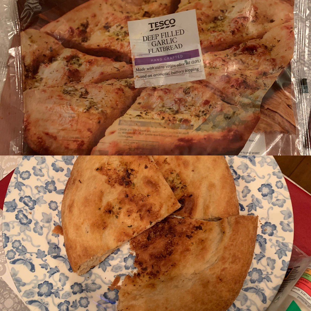 Always look forward to a bit of garlic bread when it’s pasta night at the parents, Patpat decided on this <a href="/Tesco/">Tesco</a> one and what utter disappointment we all felt. Deep filled garlic flatbread, the only word I’d use out of them to discribe this would be flat! Suitable for vampires 🧛‍♂️