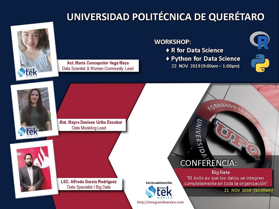 WomeninDataMX's tweet photo. Realiza tu registro: https://t.co/oh6sCPFjXa

#UPQ #DataScience #R #Python #Workshop 

#BigData #IntegratekMexico #IntegratekMX #WomeninData #WomeninDataMX #QRO #Queretaro #GTO #Guanajuato #Leon #SLP #SanLuisPotosi  #CDMX #EDOMEX #AGS  #CienciaDeDatos #Analitica #Analytics https://t.co/2LhTszw60Z