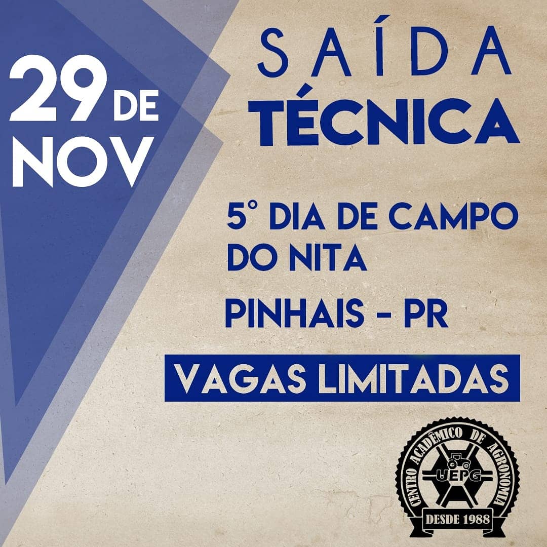 caagrouepg's tweet photo. No dia 29/11 será realizada uma visita técnica para o 5° Dia de Campo do NITA.

A visita é gratuita (almoço NÃO está incluso) e para participar basta entrar em contato com algum membro do Centro Acadêmico e fazer sua inscrição. 

Lembrem-se, as vagas são limitadas. https://t.co/6FJPwRnNnd
