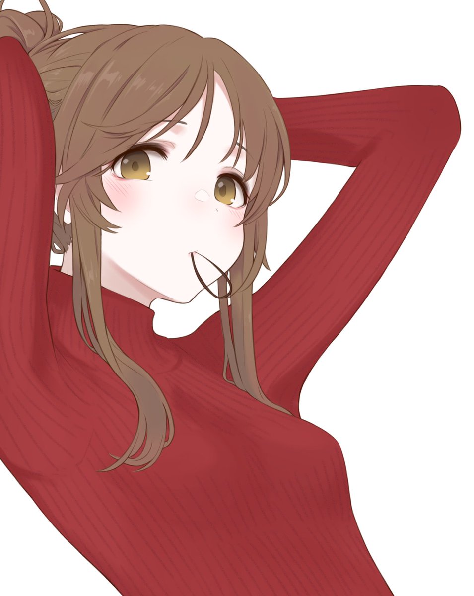 takamori aiko 1girl solo red sweater sweater white background brown hair simple background  illustration images