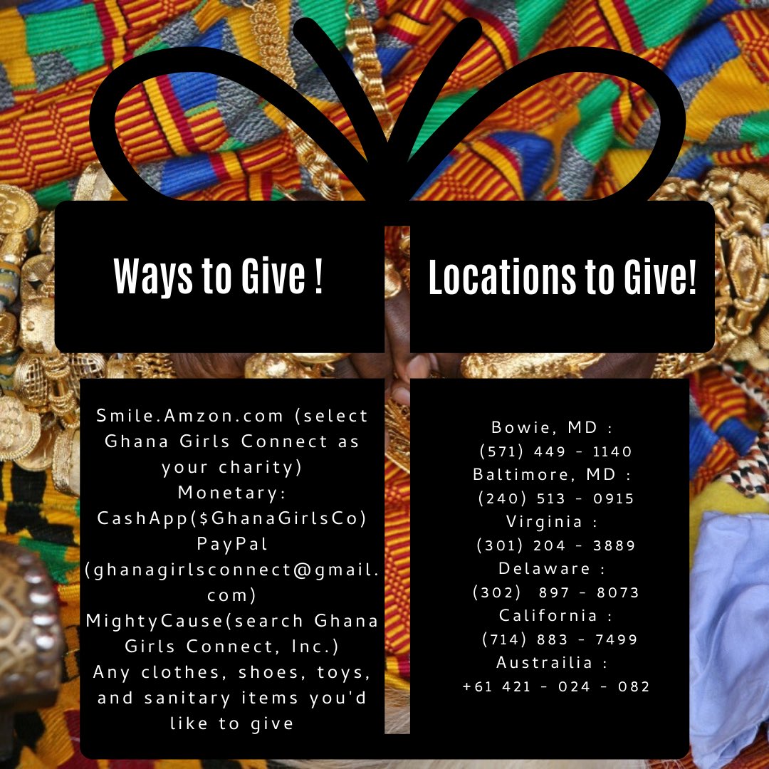 GHGirlsConnect's tweet image. Have any toys, clothes, shoes, books, or anything you would like to gift🎁? It’s official the Holiday Season and we are ready to give! As we return home to Ghana this Christmas 🎄 we want to go baring gifts for the less fortunate, #GhanaGirlsGive! Happy Holidays♥️
#YearOfReturn