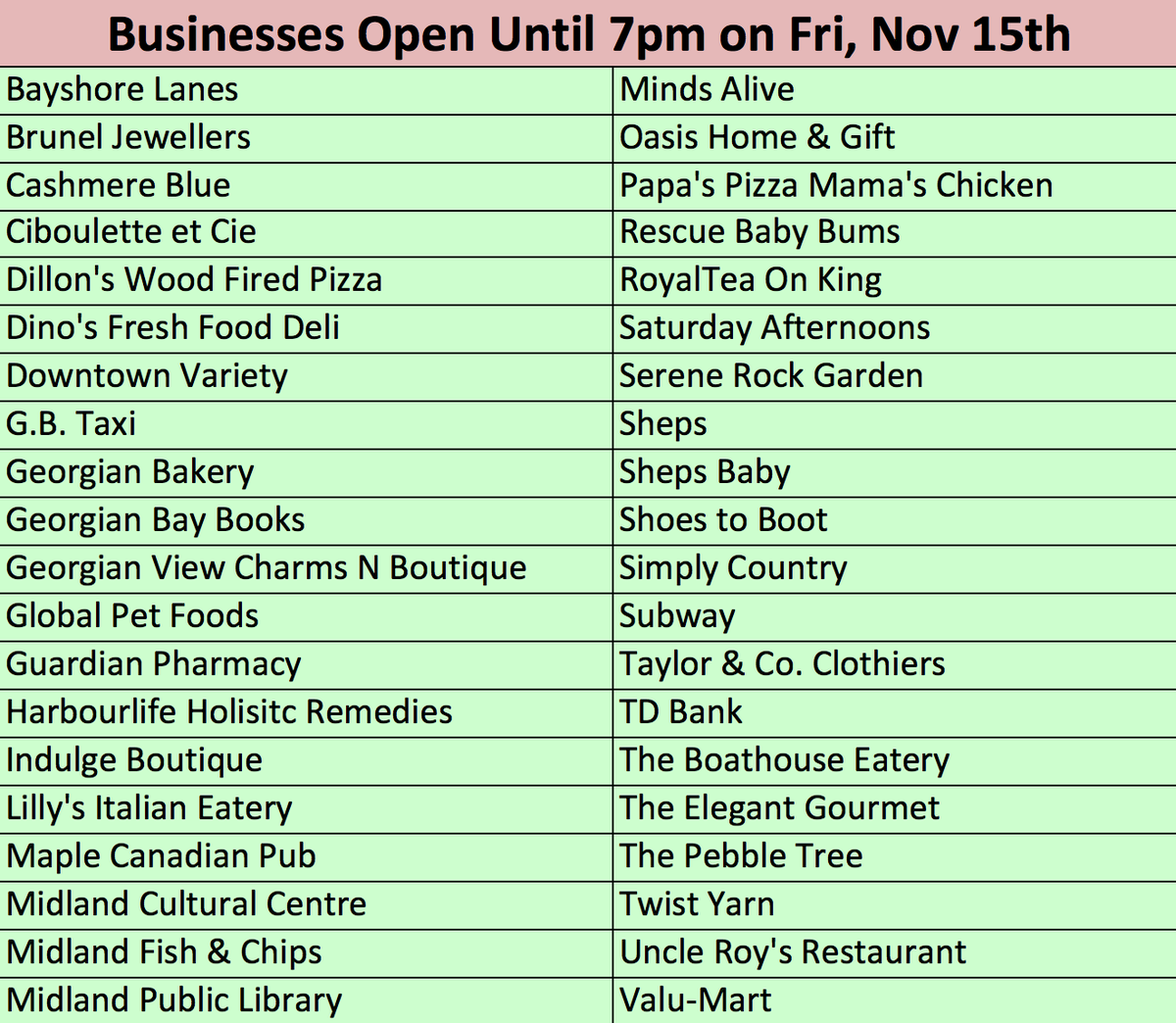 So many businesses are open late tomorrow night! * list subject to change *

Midland Tree Lighting Extravaganza!: facebook.com/events/3699885…
Grand Holiday Event: downtownmidland.ca/grandholidayev…

#OpenLate #GrandHolidayEvent2019 #MidlandTreeLighting #DowntownMidlandON
