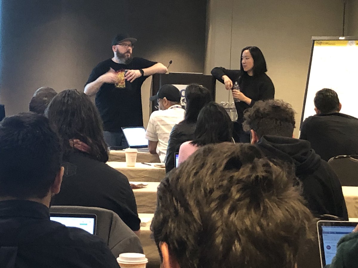 Workshops are more fun with friends. (@cyen from @honeycombio  and @austinlparker from @LightStepHQ giving the @opentelemetry workshop at #qconsf today)