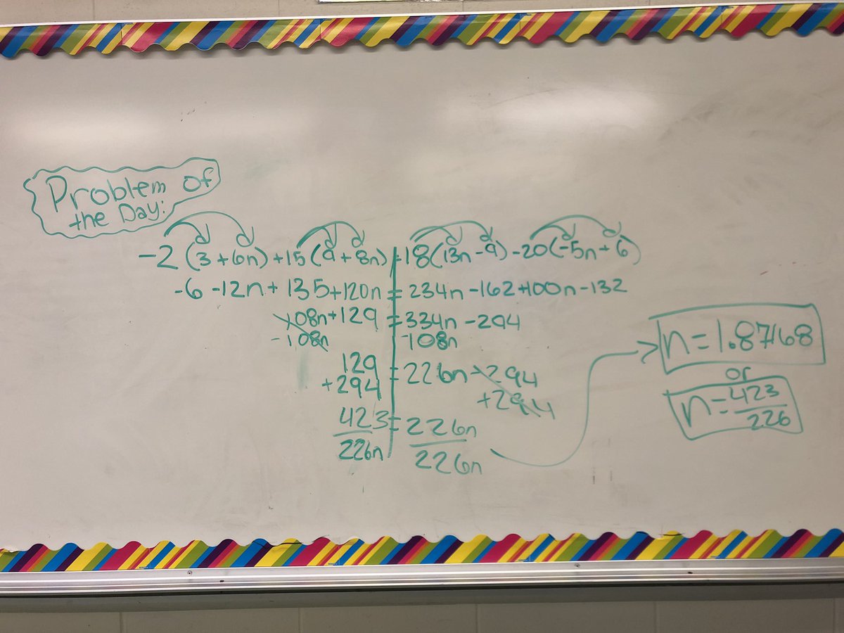 ms_pellicciotti's tweet image. The last 2 days we learned how solve multi-step equations. Yesterday my student asked if her exit ticket could be to make up her own problem&solve it on the board. OF COURSE I said yes&she wanted to do it again today. LOVING the results😍 #ITeachMath #EagerToLearn #StudentDriven