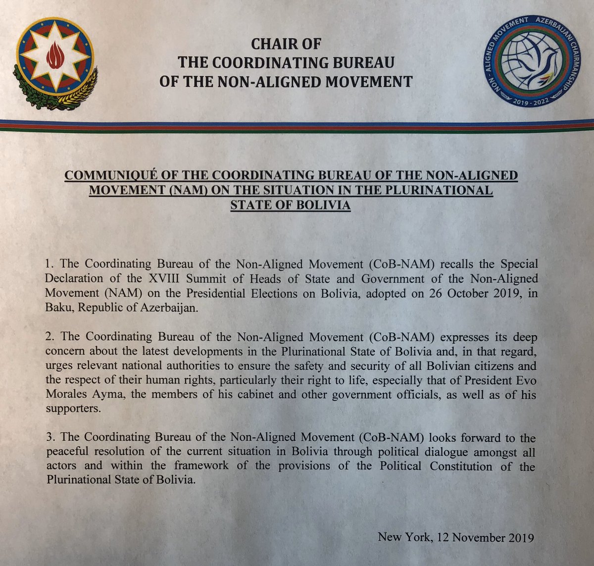 CoB-NAM adopted Communique of the Coordinating Bureau of the Non-Aligned Movement on the Situation in the Plurinational State of Bolivia.