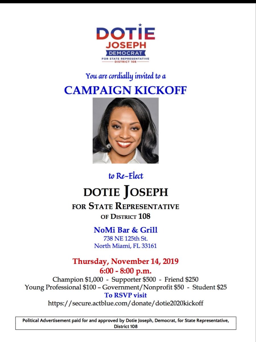 Don't forget, tonight is the campaign kickoff for my 2020 re-election as State Representative for District 108. I appreciate your support and look forward to seeing you in person or receiving your support online.
RSVP/contribute here
https://buff.ly/2p0XkbW
#TeamDotie