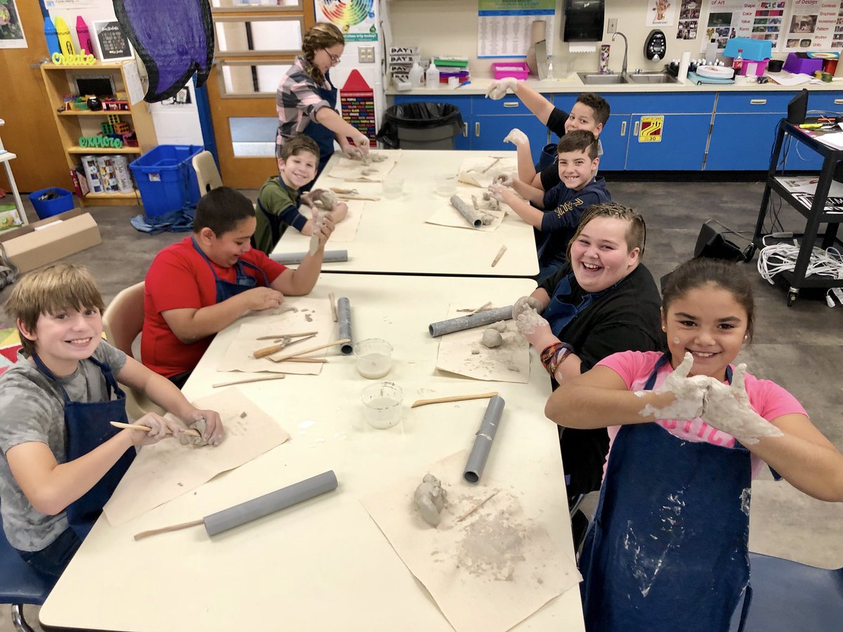 MrsLoucksWY_ART's tweet photo. These students cashed in 50 Dojo points for CLAY EXPLORATION time with ME today! They did a FANTASTIC job getting messy, creating, and exploring all things CLAY! #wyproud @MsJLSloan #wemakemesses #clayday https://t.co/hERy3930d8