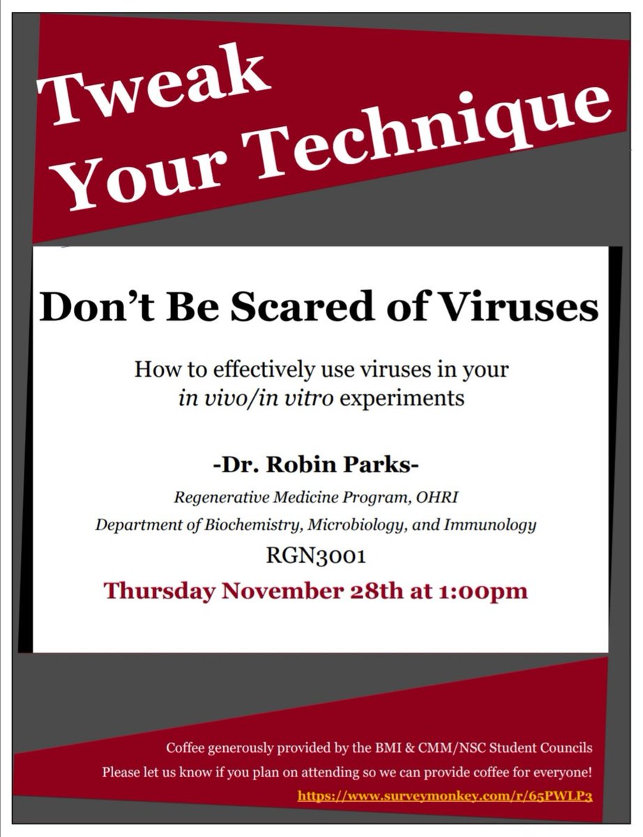 Terry R Suk (@terryrsuk) on Twitter photo The next #TweakYourTechnique will be on November 28th at 1pm given by <a href="/RobinJParks/">Robin Parks</a>. Looking forward to learning more about working with viruses! Please let us know if you plan on attending so we can order enough coffee! surveymonkey.com/r/65PWLP3 The next #TweakYourTechnique will be on November 28th at 1pm given by <a href="/RobinJParks/">Robin Parks</a>. Looking forward to learning more about working with viruses! Please let us know if you plan on attending so we can order enough coffee! surveymonkey.com/r/65PWLP3