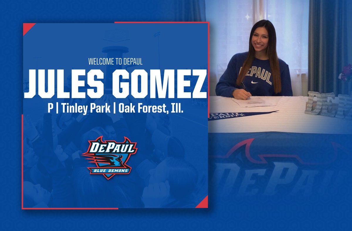 DePaulSB's tweet photo. @nicolesulli12 𝗠𝗢𝗥𝗘 💪 𝗜𝗡 𝗧𝗛𝗘 𝗖𝗜𝗥𝗖𝗟𝗘. 🔥

So excited to add @jules__gomez to our pitching staff.

#Grit x #NLISigningDay https://t.co/LCpPXDdA0T