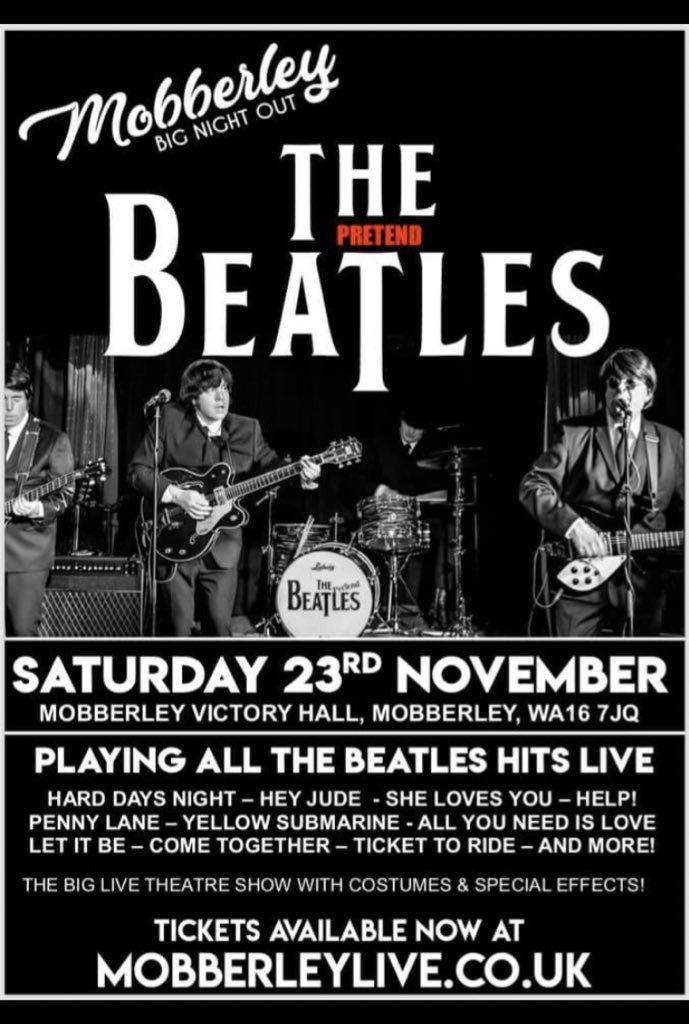 MobberleyBNO's tweet photo. ⭐️ @PretendBeatles come to #Mobberley #Cheshire on Sat 23rd Nov for MOBBERLEY BIG NIGHT OUT. ⭐️

Tickets available at https://t.co/8BTSHEpXOa

#Wilmslow #Knutsford #Hale #Altrincham #Peover https://t.co/8TL5YSfvOl