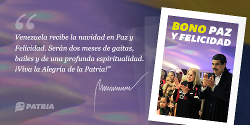 CarnetDLaPatria's tweet photo. Bono Paz y Felicidad enviado por nuestro Presidente @NicolasMaduro a través del @CarnetDLaPatria. La entrega tendrá lugar entre los días 14 al 20 de noviembre de 2019.

#PuebloMovilizadoPorLaPaz 
#ExpoCriminalística2019 https://t.co/8HpUr4yweS