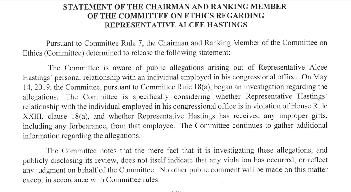 jbendery's tweet photo. The House Ethics Committee just announced it is investigating allegations that Rep. Alcee Hastings has a personal relationship with one of his staffers. https://t.co/Eheo1x8mht