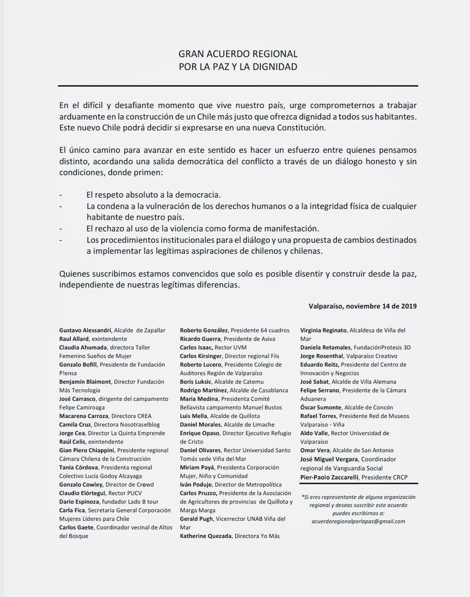 Solo es posible disentir y construir desde la paz. Desde P!ensa y la Región de Valparaíso queremos aportar y dar el ejemplo a través de este transversal "GRAN ACUERDO REGIONAL POR LA PAZ Y LA DIGNIDAD" 🇨🇱