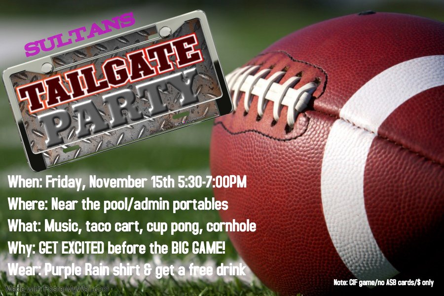 Are YOU ready for some FOOTBALL? Sultans are in the Playoffs! Join us tomorrow for the Sultans Pregame Tailgate Party.