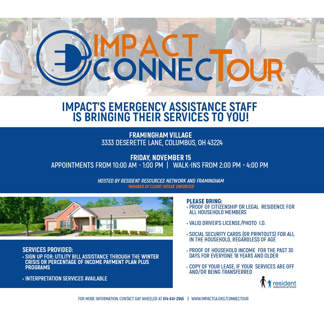 IMPACTCA's tweet photo. The IMPACT ConnecTour is back at Framingham Village tomorrow. Call 614.641.2945 to schedule an appointment or walk-in from 2 pm - 4 pm #impactca #ConnecTour #assistance https://t.co/M2thCvcwOt