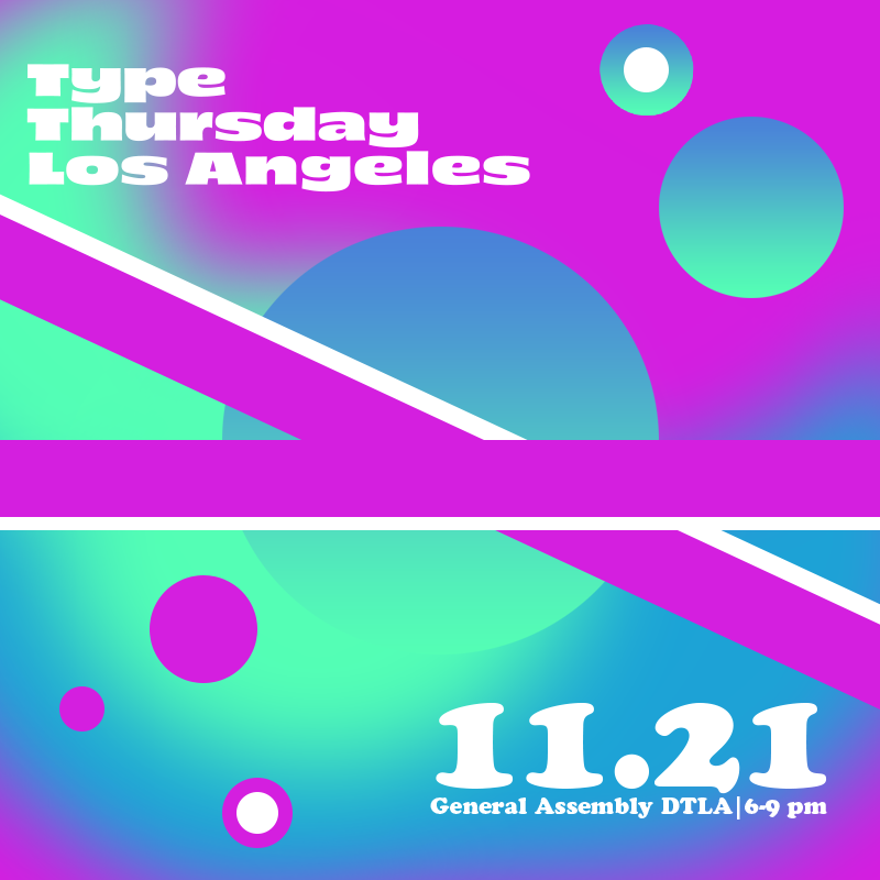 TypeThursdayLA's tweet photo. #TypeThursdayLA is just 1 week from today!
Time to talk about #typography, ask questions, find new friends and get critique on your work.
Grab your free ticket if you want to have a good time with typography enthusiasts of #LosAngeles! - https://t.co/jdtXZVSCOP https://t.co/APCSraApn6