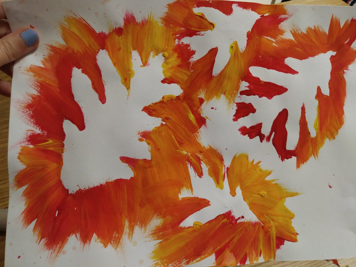 CCESSpecials's tweet photo. @ChevyChaseES @ChevyChaseES3 Third grade worked on a fall activity during art to demonstrate positive vs negative shape and reviewed how to mix secondary colors! #fall #leafart https://t.co/wJrQI2cXic