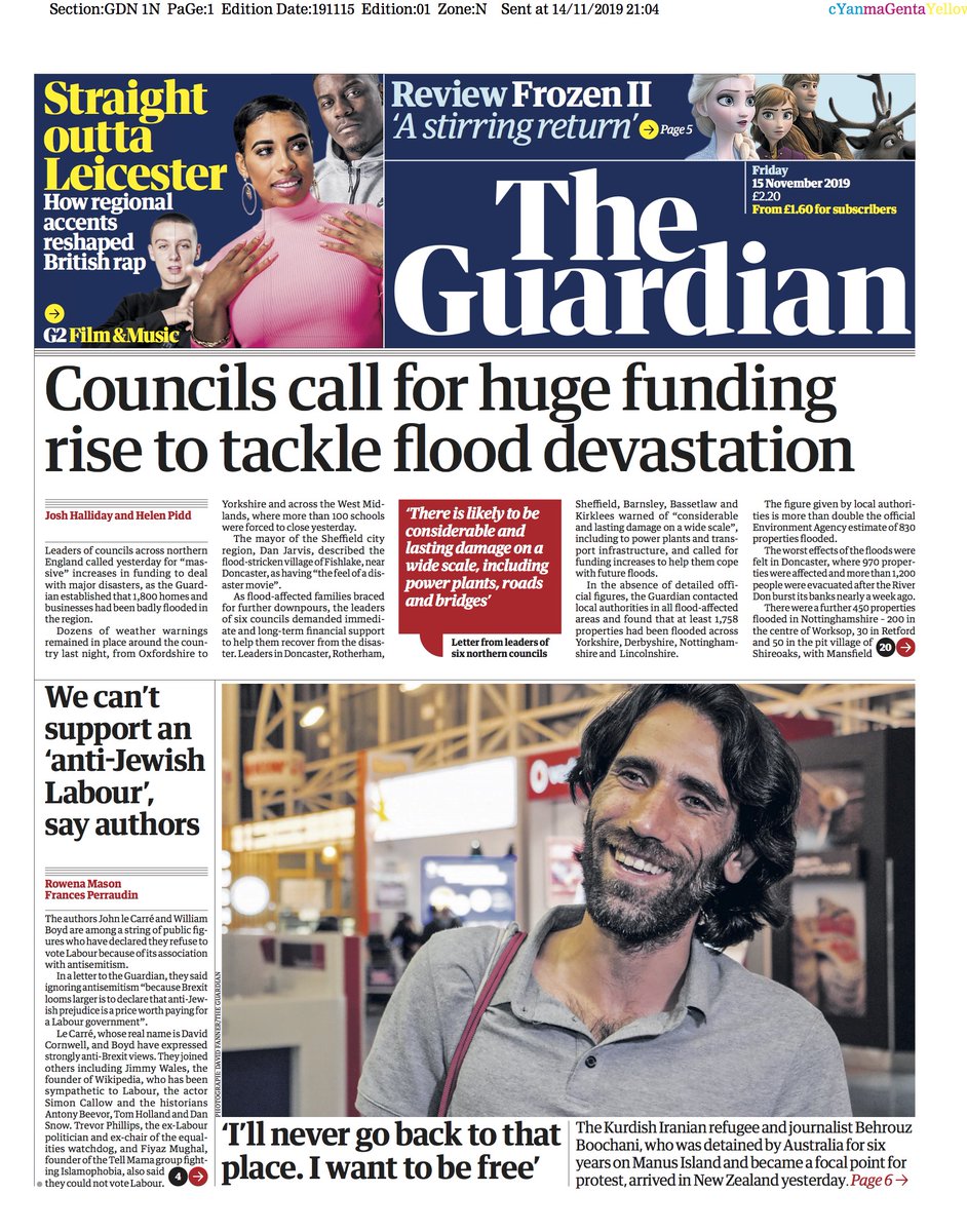 Guardian front page, Friday 14 November 2019: Councils call for huge funding rise to tackle flood devastation