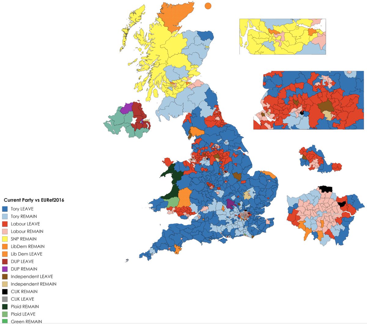 /4A reminder of the UK Brexit map. The Red swathes are our target constituencies. Labour Remain MPs in Leave seats #CombineTheLeaveVote  #StatsGuide  #BrexitAlliance