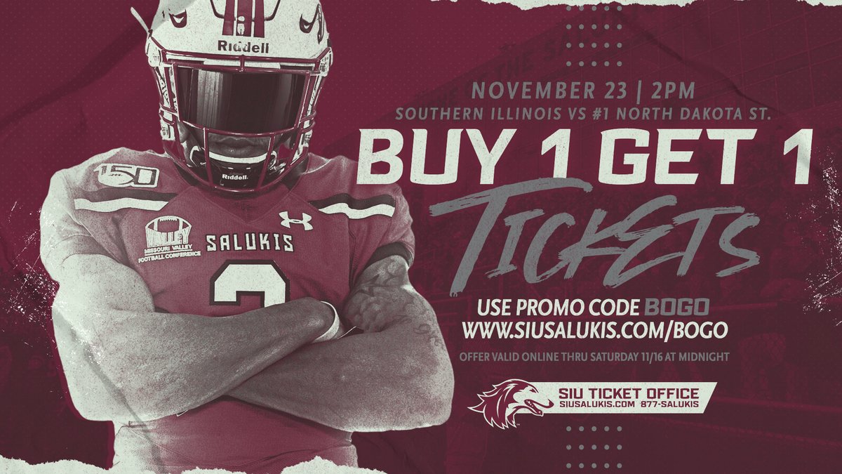 SIUSalukis's tweet photo. BOGO! Help us pack Saluki Stadium for next week's @SIU_Football home game vs North Dakota State. Visit https://t.co/oagPRwNCek and use promo code BOGO for 🎟. 𝘚𝘢𝘭𝘦 𝘦𝘯𝘥𝘴 𝘚𝘢𝘵𝘶𝘳𝘥𝘢𝘺 𝘢𝘵 𝘮𝘪𝘥𝘯𝘪𝘨𝘩𝘵. https://t.co/FlKGIzPWJe