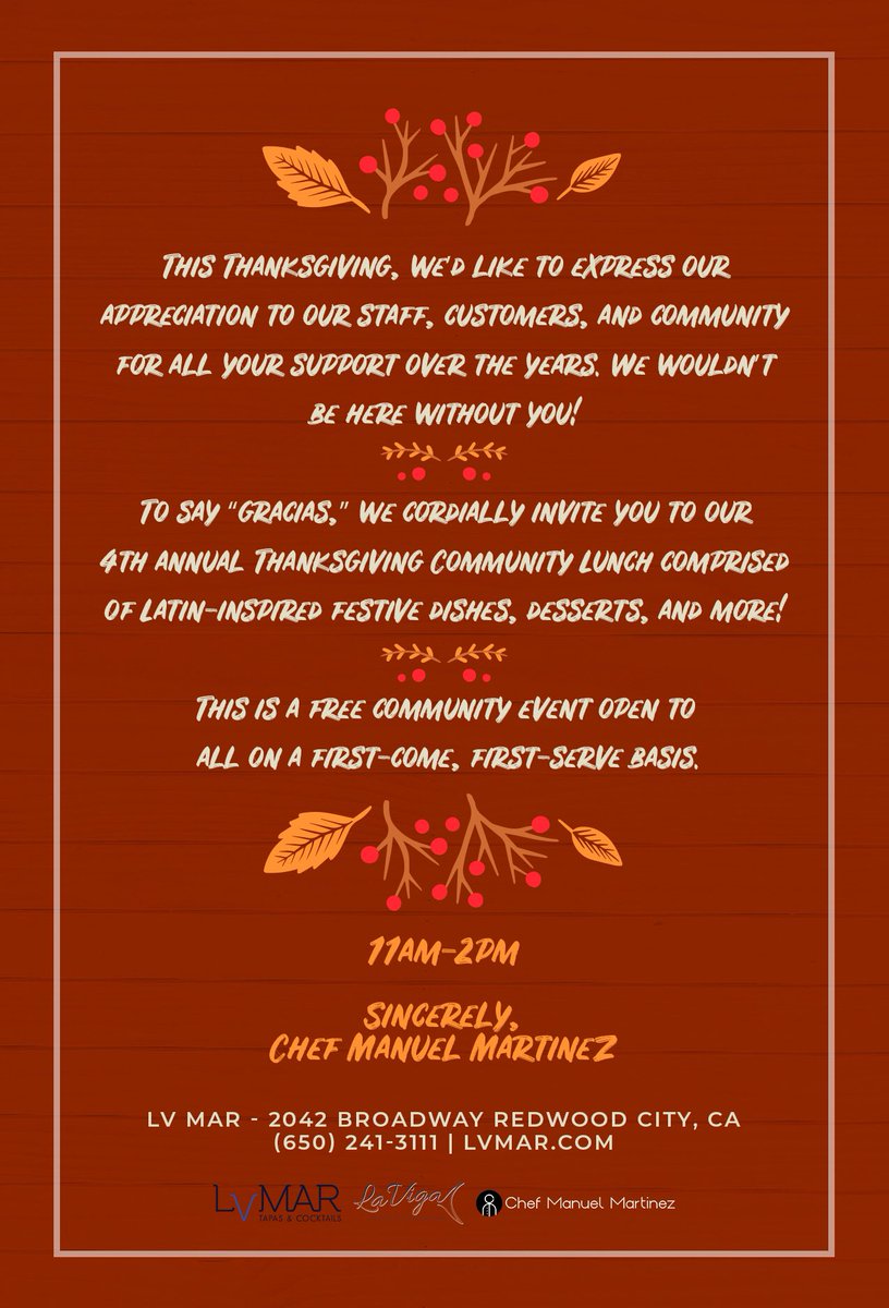 Gracias! 4th annual Thanksgiving Community Lunch at <a href="/lvmarrwc/">LV Mar</a> , last year they served over 300 people FREE Thanksgiving lunches. Everyone and anyone are welcome, no reservations.
<a href="/rwcevents/">Redwood City Events</a> <a href="/RedwoodCity/">City of Redwood City</a>