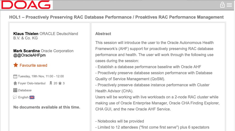 Coming to #DOAG2019? Start off the week on Tue. at 11am with an Oracle RAC Hands-on-Lab learning how to use the Cluster Health Advisor Explorer and GUI to analyze DB and node problems. Limited seating available. programm.doag.org/doag/2019/#/sc….
