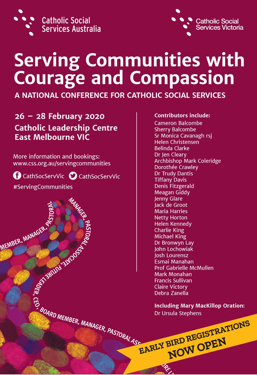 Catholic Social Services Victoria (CSSV) (@cathsocservvic) on Twitter photo Our national #Catholic Social Services Conference, #ServingCommunities with Courage & Compassion is fast approaching! Early bird registrations are open: bit.ly/2NNZS76 See the program overview, workshops & all related info at: css.org.au/servingcommuni… <a href="/CSS_Aus/">Cath Social Services</a> <a href="/ACBC1/">Australian Catholic Bishops Conference</a> Our national #Catholic Social Services Conference, #ServingCommunities with Courage & Compassion is fast approaching! Early bird registrations are open: bit.ly/2NNZS76 See the program overview, workshops & all related info at: css.org.au/servingcommuni… <a href="/CSS_Aus/">Cath Social Services</a> <a href="/ACBC1/">Australian Catholic Bishops Conference</a>