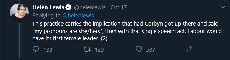 So we have administrative, political and ethical usages of "self-identify", none of which are the ur-case that transphobes have in mind, which is a person abstracted from all social context saying "I'm a woman!" and then becoming one. [8/n]