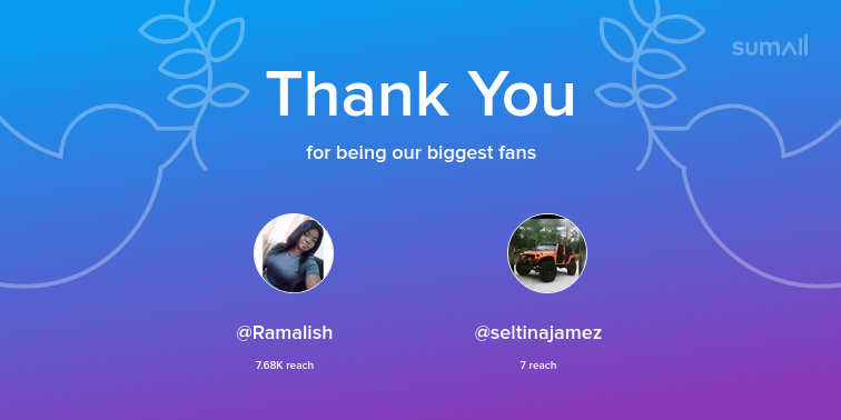 Our biggest fans this week: Ramalish, seltinajamez. Thank you! via sumall.com/thankyou?utm_s…
